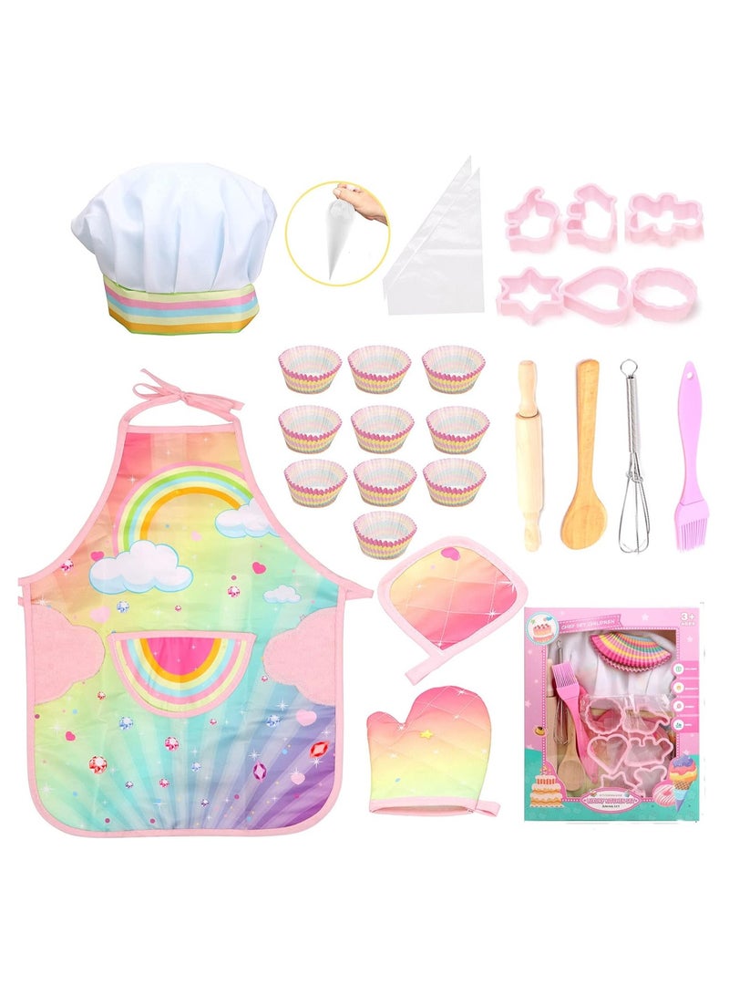 Kids Baking Chef Set - 26-Piece Cooking Costume for Toddlers, Includes Rainbow Apron, Chef Hat, Oven Mitt, Utensils, and Cupcake Molds for Boys and Girls Ages 3+