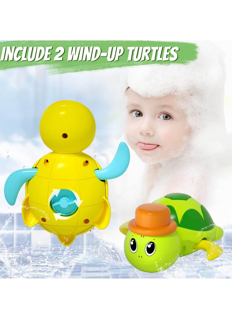 Baby Bath Toys with 2 Wind Up Toys,Cute Turtle Waterfall Water Station Toy with Cup, Swimming Shower Toys with Rotatable Waterwheel, Bathub Toys Gift for Boys Girls 2 3 4 years