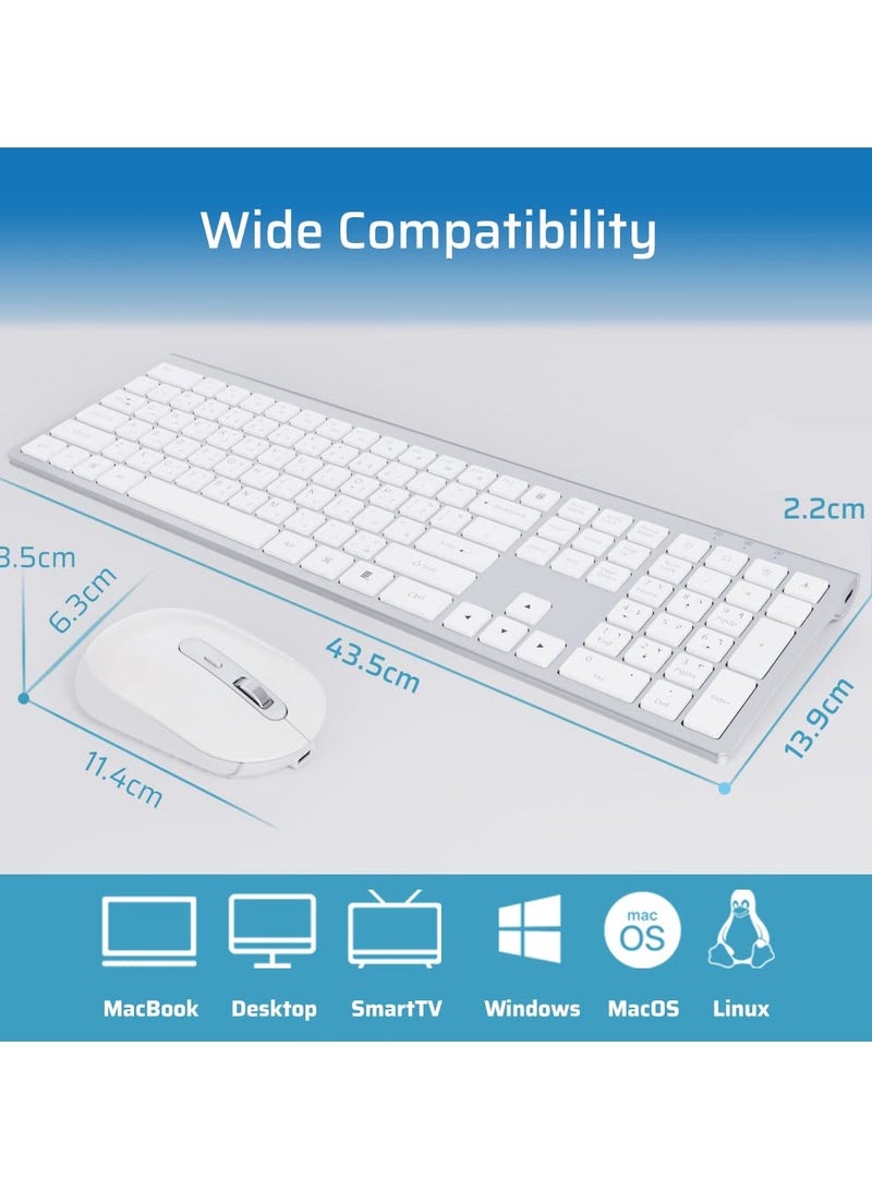 wireless keyboard and mouse,Rechargeable keyboard and mouse,Full Size Wireless keyboard with Number Pad,2.4G keyboard For MAC Windows White+Silver