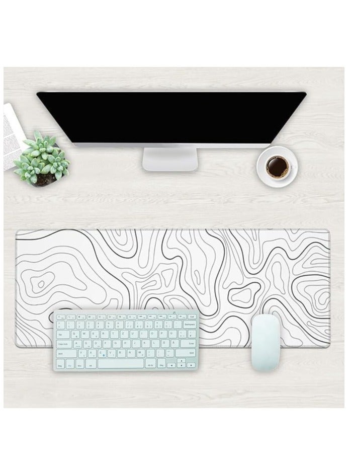 Gaming Mouse Pad with Stitched Edges, Minimalist Topographic Map Desk Mat, Extended XL Mousepad with Anti-Slip Base, Cool Desk Pad for Keyboard and Mouse, 31.5 x 11.8 in, White