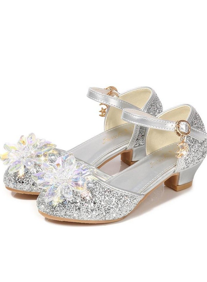 Girls Princess Leather Shoes for Kids Sandals Crystal Glitter Children High Heel Diamond Student Banquet Dance Show Shoes