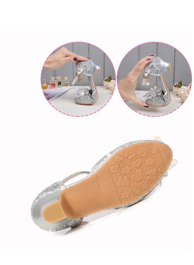 Girls Princess Leather Shoes for Kids Sandals Crystal Glitter Children High Heel Diamond Student Banquet Dance Show Shoes