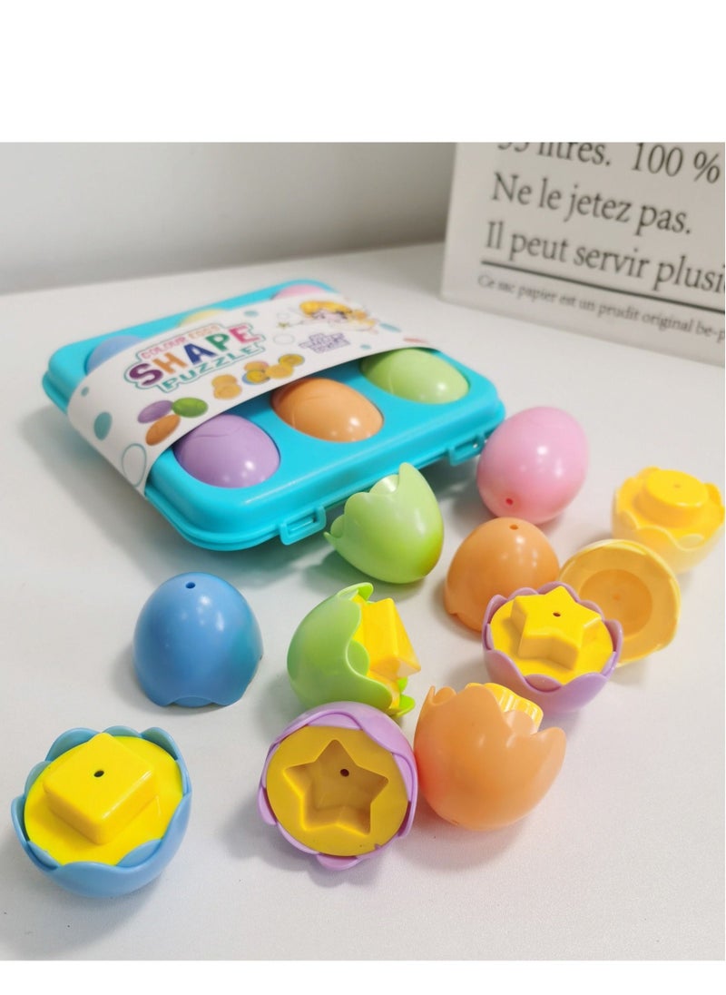 Color Shape Matching Eggs Set, Educational Toy with Blue Egg Holder, Early Learning Shapes Sorting Recognition Skills - Sorting Puzzle for Kid, Baby, Toddler, Boy, Girl, Birthday Gift (6 Eggs)
