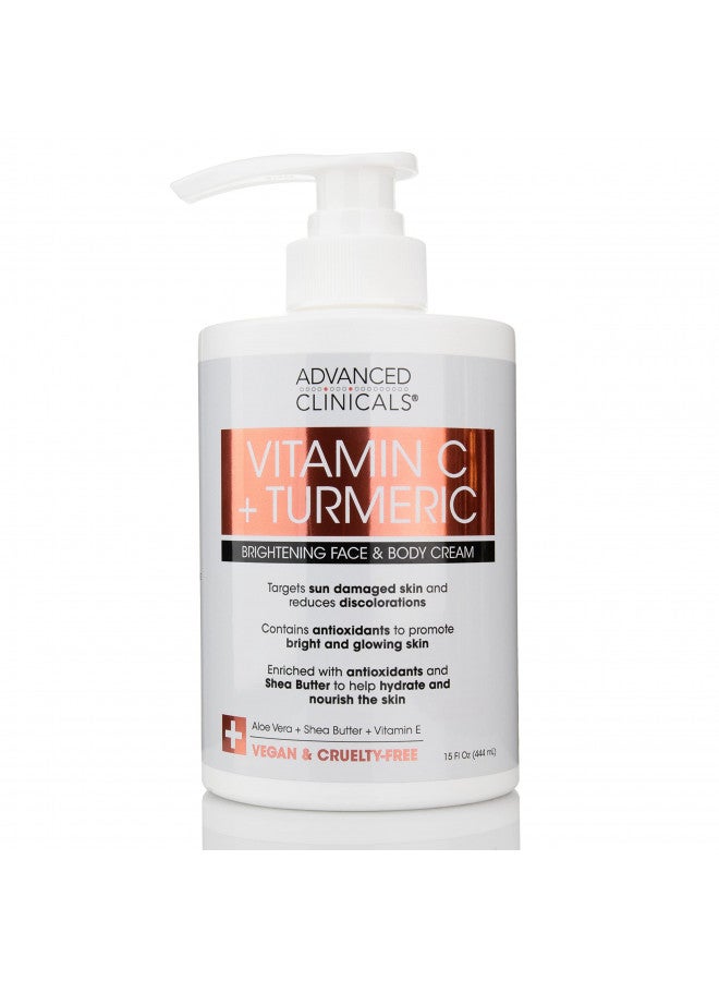 Advanced Clinicals Vitamin C & Turmeric Cream - Firming, Brightening 15 Fl Oz Face & Body Moisturizer with Shea Butter & Vitamin E