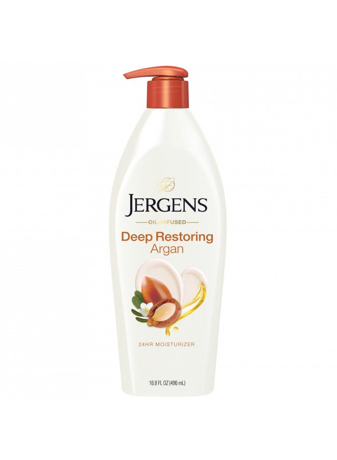 Jergens Deep Restoring Argan Oil Moisturizer, Soothing Body and Hand Lotion, 16.8 oz, with Reviving Argan Oil and Vitamin E, Oil-Infused, Dermatologist Tested