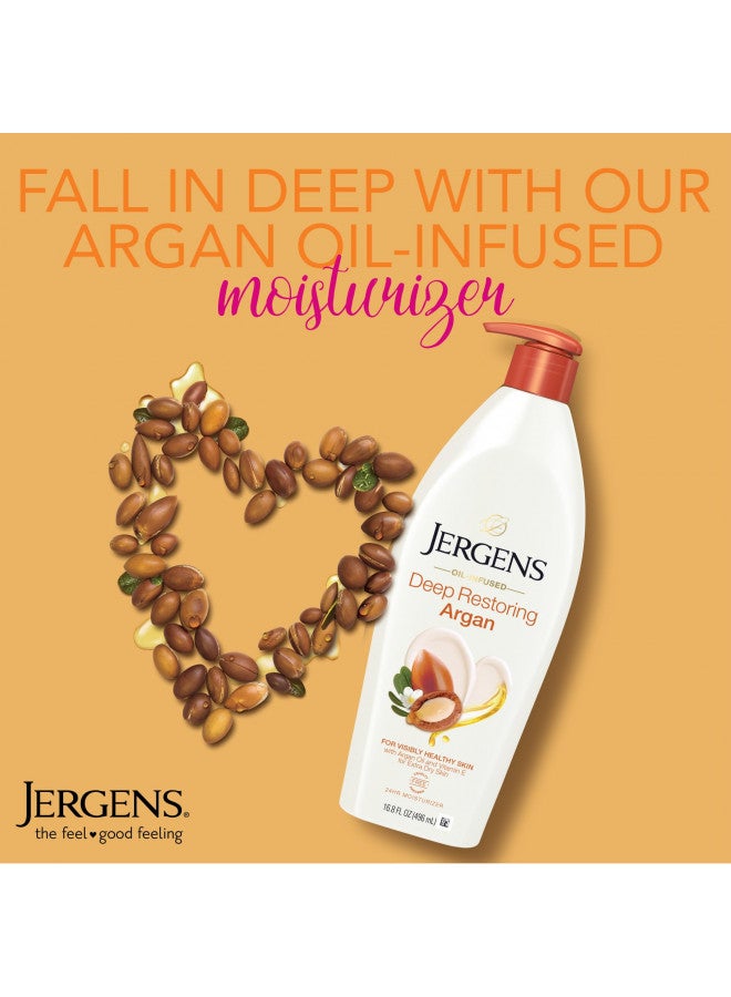 Jergens Deep Restoring Argan Oil Moisturizer, Soothing Body and Hand Lotion, 16.8 oz, with Reviving Argan Oil and Vitamin E, Oil-Infused, Dermatologist Tested