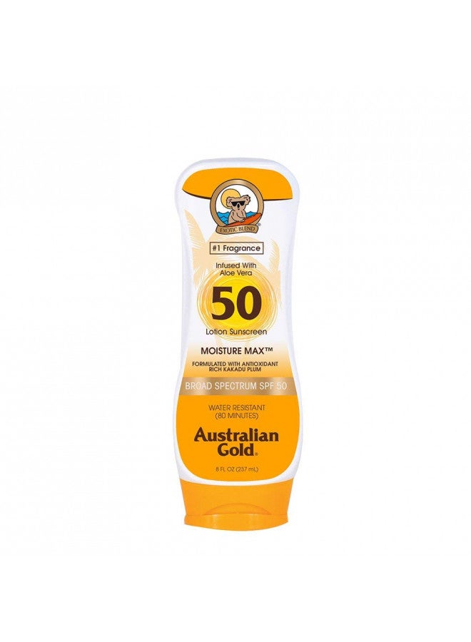 Australian Gold Sunscreen Lotion SPF 50, 8 Ounce | Moisture Max | Infused with Aloe Vera | Broad Spectrum | Water Resistant