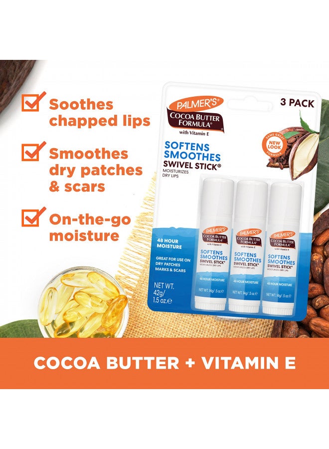 Palmer's Cocoa Butter Formula Moisturizing Swivel Stick with Vitamin E, Softening & Soothing Lip Balm, Face & Body Stick Moisturizer Ideal for Treating Dry Skin Patches (Pack of 3)