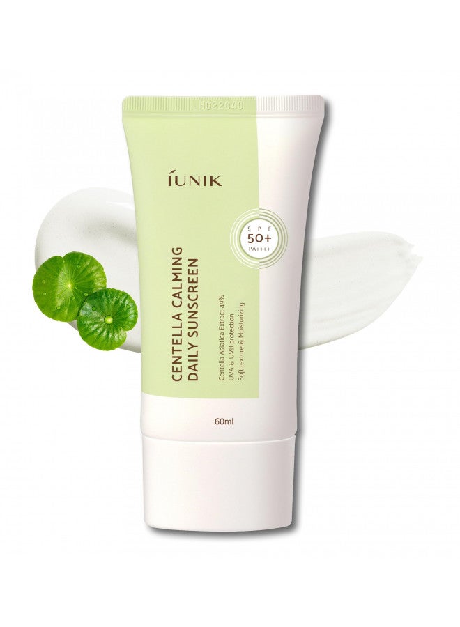 IUNIK Centella Calming Vegan Moisture SPF 50+ PA++++ Non-Sticky No White Cast Light-Weight Daily Sunscreen Reef-Safe UVA UVB Matte-Finish No-Scent 2 Oz Beta-Glucan Dry Oily Sensitive Korean Skincare