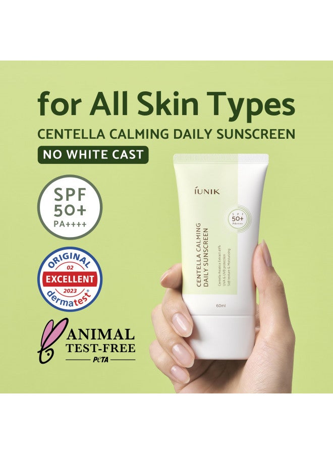 IUNIK Centella Calming Vegan Moisture SPF 50+ PA++++ Non-Sticky No White Cast Light-Weight Daily Sunscreen Reef-Safe UVA UVB Matte-Finish No-Scent 2 Oz Beta-Glucan Dry Oily Sensitive Korean Skincare