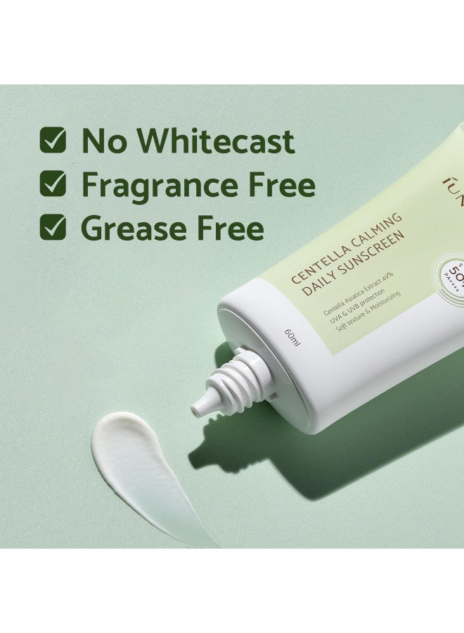 IUNIK Centella Calming Vegan Moisture SPF 50+ PA++++ Non-Sticky No White Cast Light-Weight Daily Sunscreen Reef-Safe UVA UVB Matte-Finish No-Scent 2 Oz Beta-Glucan Dry Oily Sensitive Korean Skincare