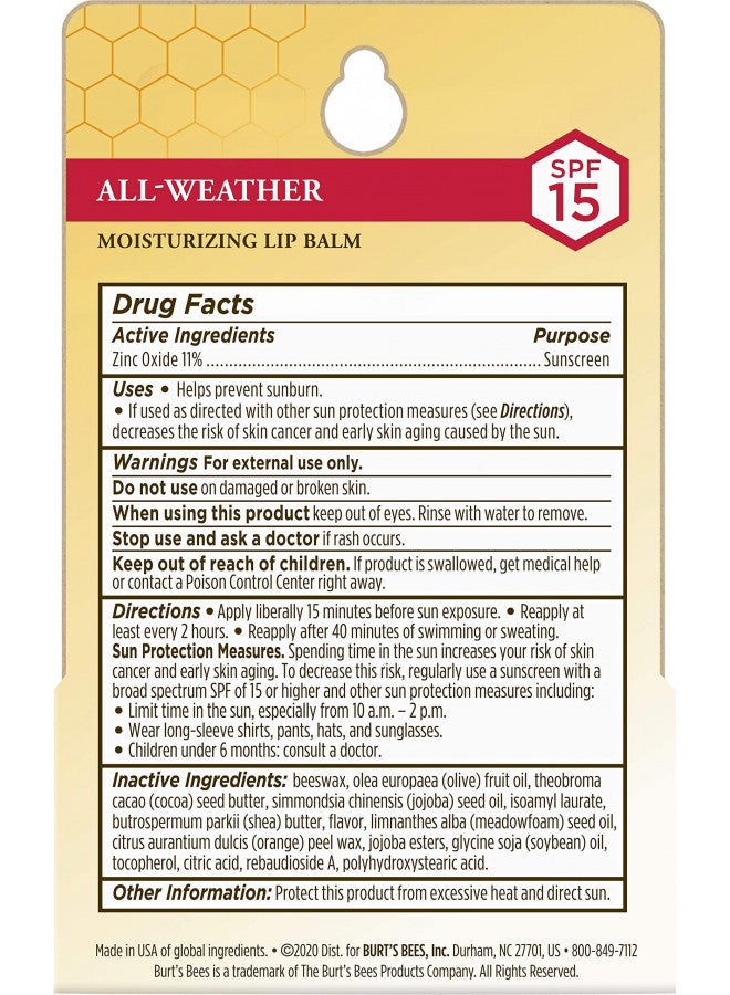 Burt's Bees SPF Lip Balm - All Weather Moisturizing Lip Sunscreen with SPF 15 for Sun Protection, Broad Spectrum Water Resistant w/ Zinc (2 pack)