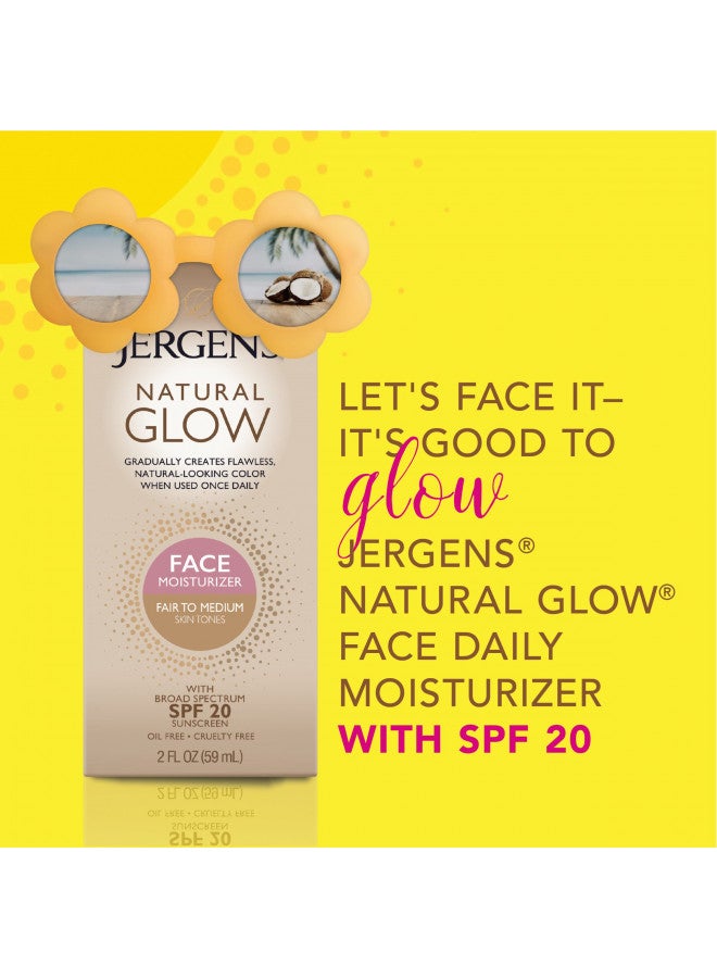 Jergens Natural Glow Self Tanner Face Moisturizer, SPF 20 Facial Sunscreen, Fair to Medium Skin Tone, Sunless Tanning, Oil Free, Broad Spectrum Protection UVA and UVB, 2 oz (Packaging May Vary)