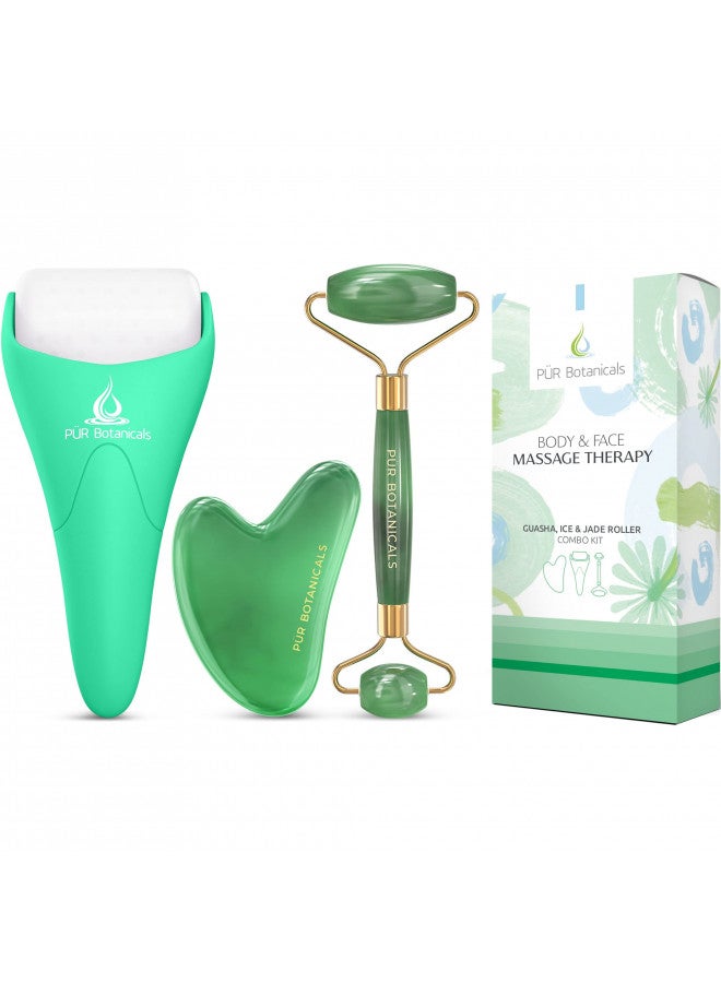 PUR Botanicals - Ice Jade Roller for Face & Eye Puffiness Relief - Therapeutic frozen Facial Massager for Beauty - Homemade Cold depuff Face Roller for Women - Reduce wrinkles and lifting - 3 in 1 Set