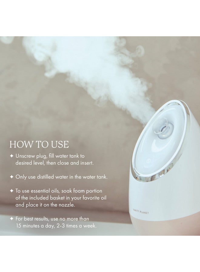 Vanity Planet Aira Ionic Facial Steamer (Beige) - Pore Cleaner That Detoxifies, Cleanses and Moisturizes - Adjustable Nozzle, Water Tank with 3 Essential Oil Baskets
