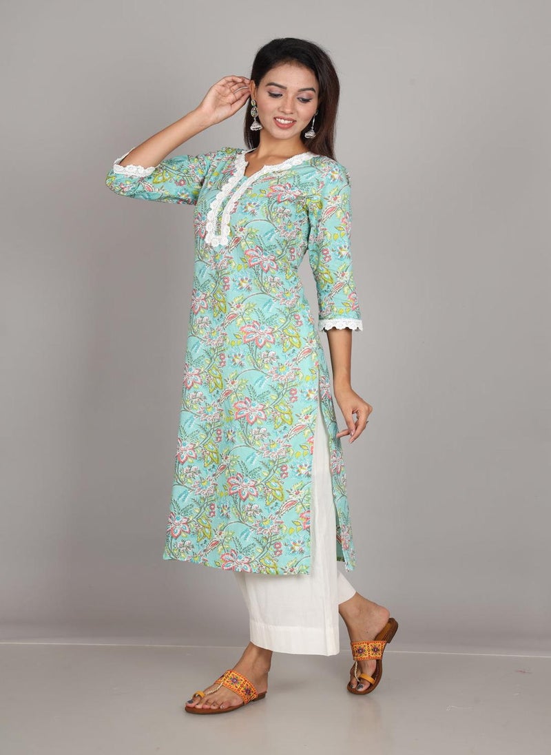 Sea Green Lace Cotton Kurta