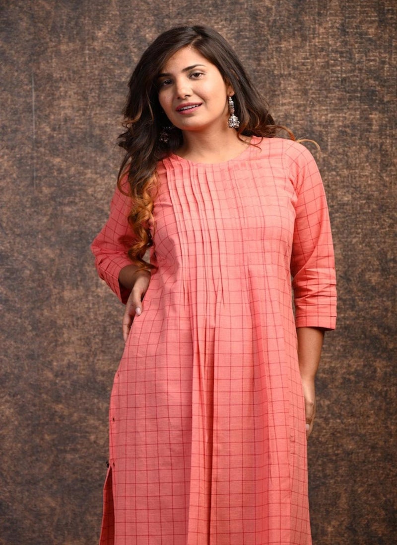 Coral Plaid Cotton Kurta Dress