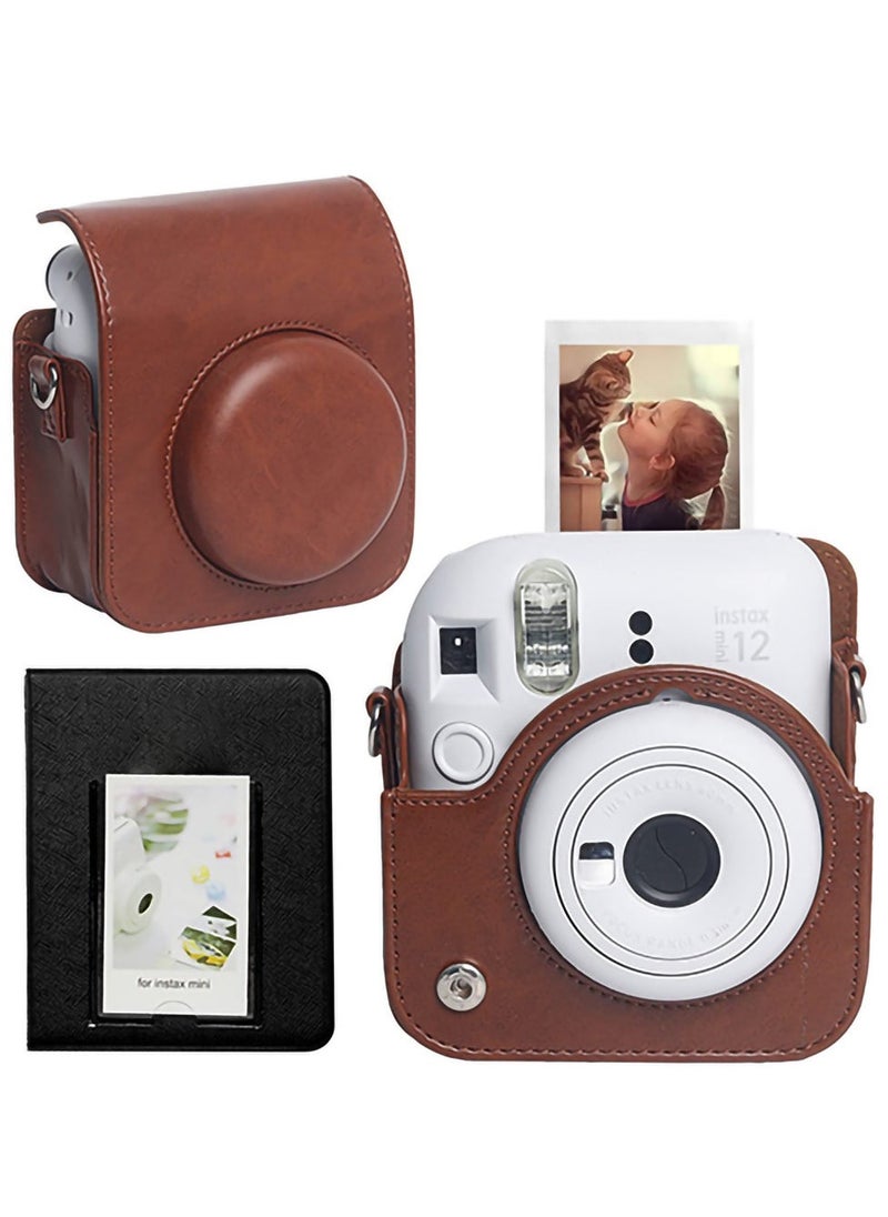 Case for Fujifilm Instax Mini 12 Camera Protective PU Leather Bag Cover with Adjustable Shoulder Strap and Mini Photo Album 64 Pockets (Vintage Brown)