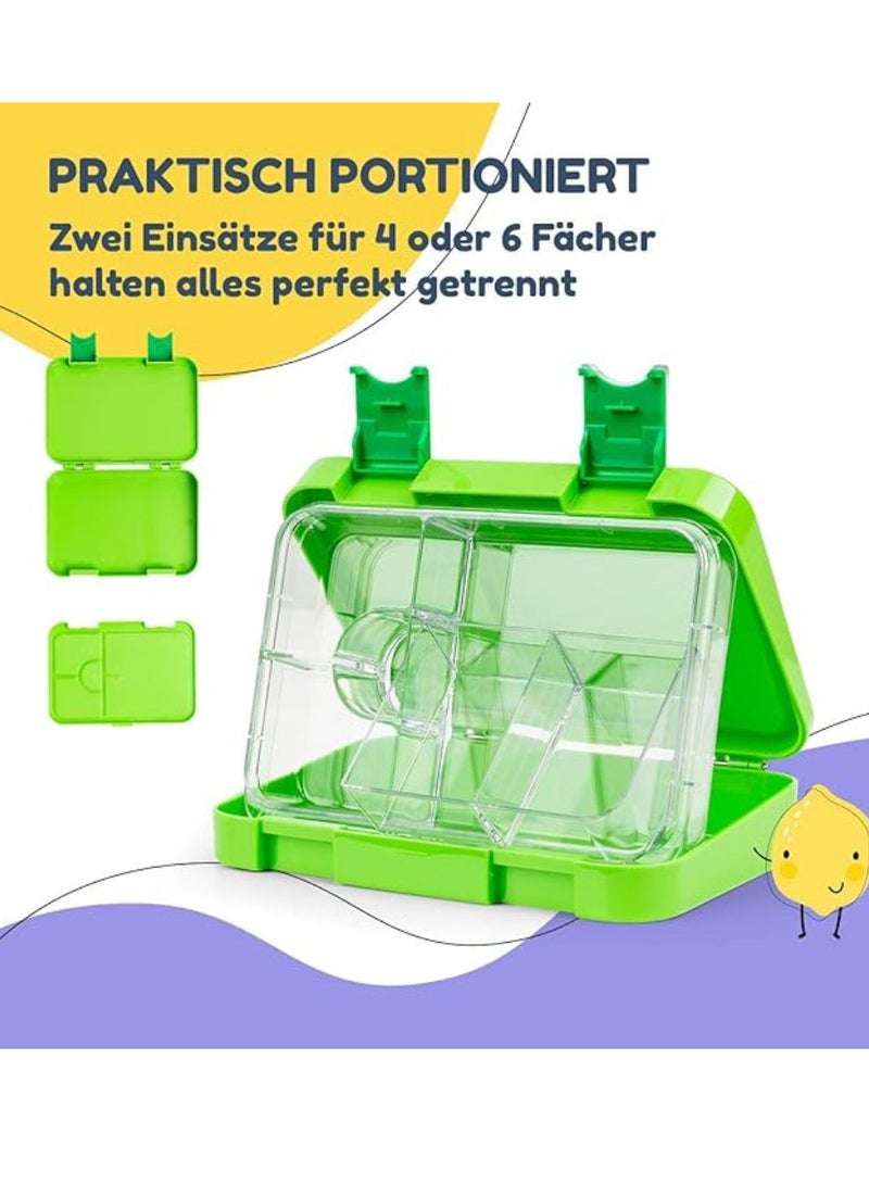 BrainGiggles BPA Free Leakproof Airtight Bento Lunchbox with 6 Adjustable Compartments, 760 ml Insulated Tiffin Box with removable tray for Kids and Adults Perfect for School Office (Green)