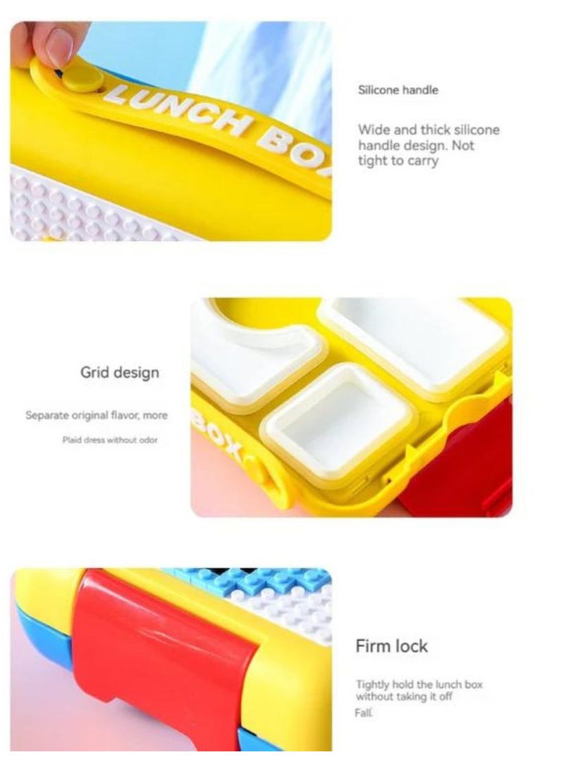 BrainGiggles Bento Lunch Box -Leakproof, BPA-Free, Insulated, Airtight Tiffin- 4 Compartments (With Building Blocks To Customizable Design) Bento Box For Boys & Girls (Yellow)