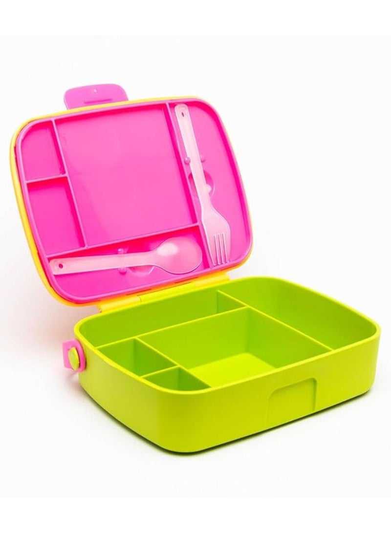 BrainGiggles BPA-Free, Leakproof 5 Compartments Colorful Bento Lunch Box for Kids with Cutlery & Handle, Easy to Carry Tiffin box, Perfect for School & Outings (Yellow)