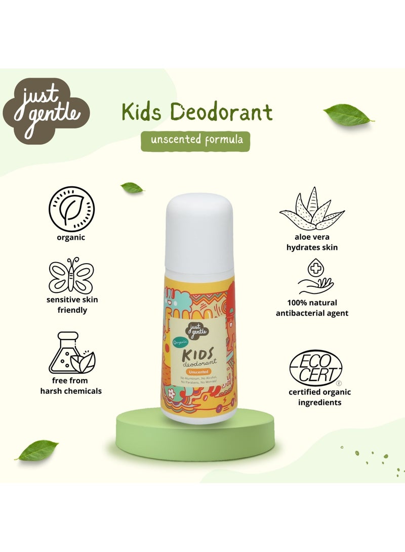 Just Gentle Organic Kids Deodorant Unscented - Aluminum-Free, Natural Odor Protection, Gentle on Sensitive Skin, 60ml