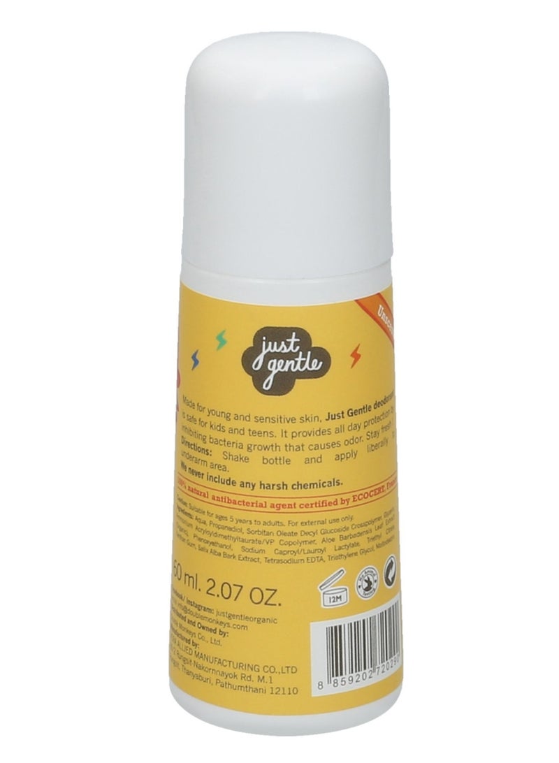 Just Gentle Organic Kids Deodorant Unscented - Aluminum-Free, Natural Odor Protection, Gentle on Sensitive Skin, 60ml