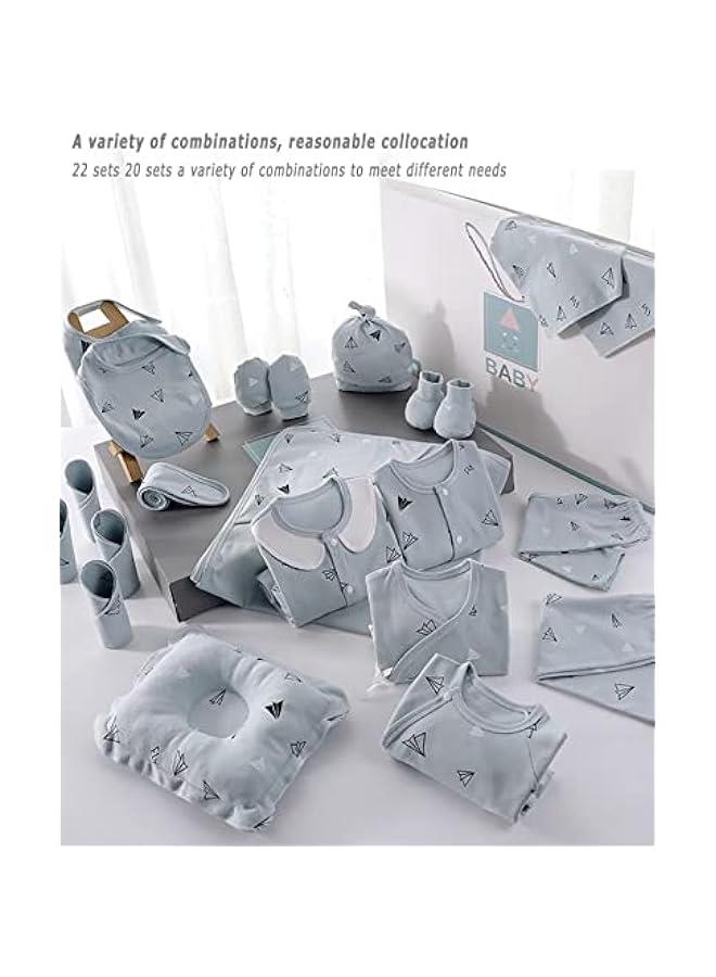 Baby Newborn Essentials Layette Gift Set with Box 22 Piece Baby Girl Boys Gifts Premium Cotton Baby Clothes Accessories Set Fits Newborn Baby Suit Set Cuddle Strap Bib Gloves Saliva Towel Pillow