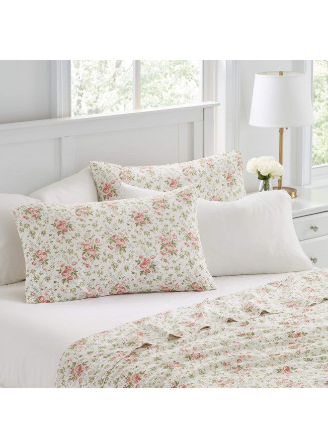 Laura Ashley - Queen Sheets, Cotton Percale 6-Piece Bedding Set, Crisp & Cool Home Decor (Marissa Coral, Queen)