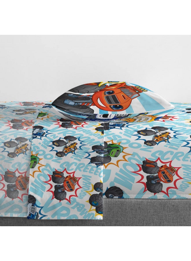 Jay Franco Blaze and The Monster Machines Off to The Races 4 Piece Toddler Size Bed Set Super Soft Microfiber Bed Set includes Size Comforter & Sheet Set (Official Blaze Product)