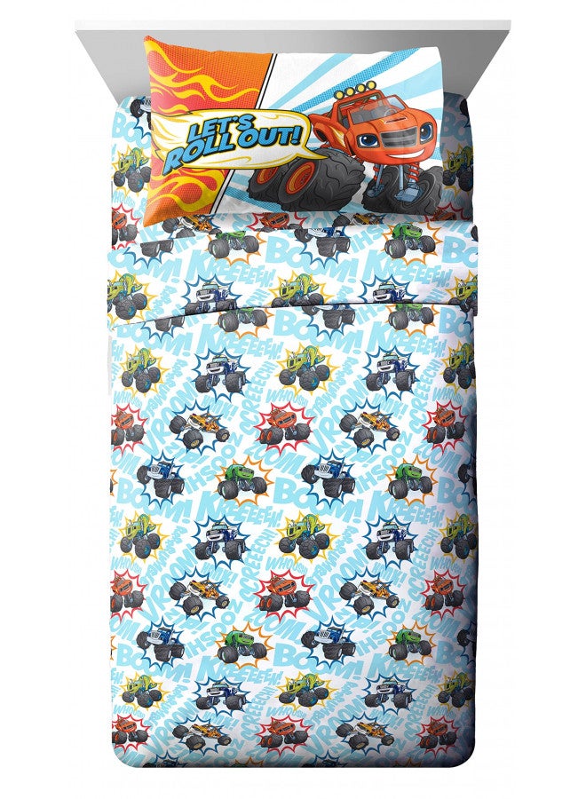 Jay Franco Blaze and The Monster Machines Off to The Races 4 Piece Toddler Size Bed Set Super Soft Microfiber Bed Set includes Size Comforter & Sheet Set (Official Blaze Product)