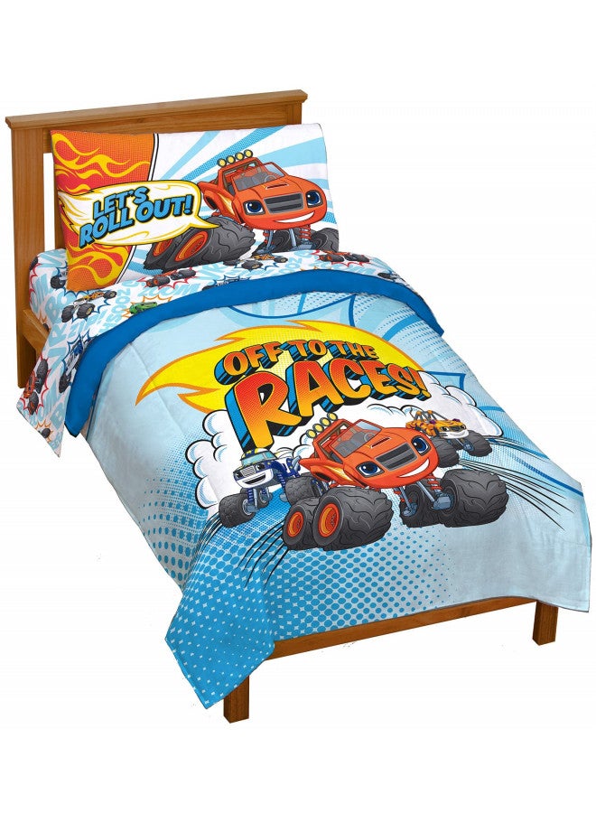 Jay Franco Blaze and The Monster Machines Off to The Races 4 Piece Toddler Size Bed Set Super Soft Microfiber Bed Set includes Size Comforter & Sheet Set (Official Blaze Product)