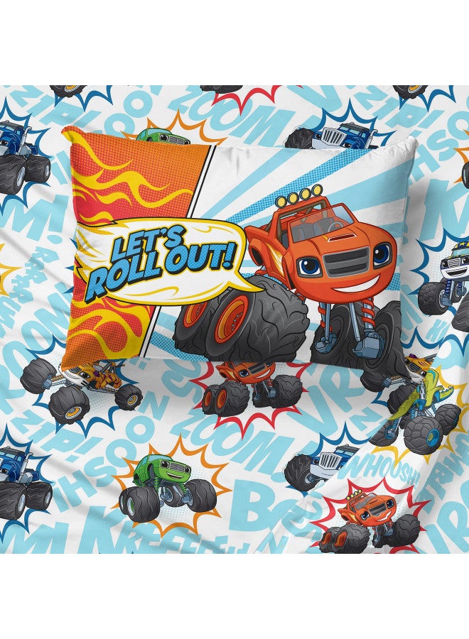 Jay Franco Blaze and The Monster Machines Off to The Races 4 Piece Toddler Size Bed Set Super Soft Microfiber Bed Set includes Size Comforter & Sheet Set (Official Blaze Product)