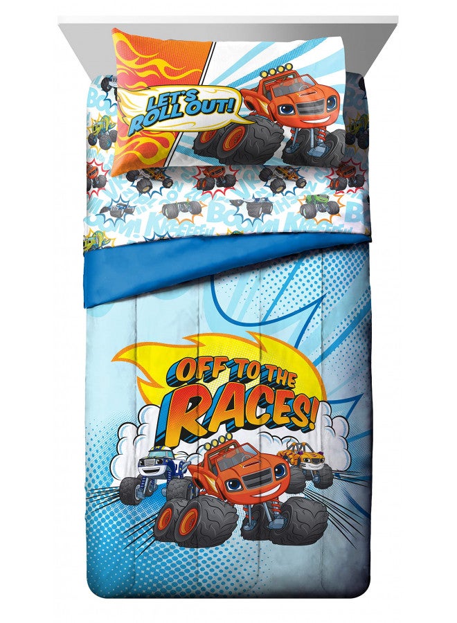 Jay Franco Blaze and The Monster Machines Off to The Races 4 Piece Toddler Size Bed Set Super Soft Microfiber Bed Set includes Size Comforter & Sheet Set (Official Blaze Product)