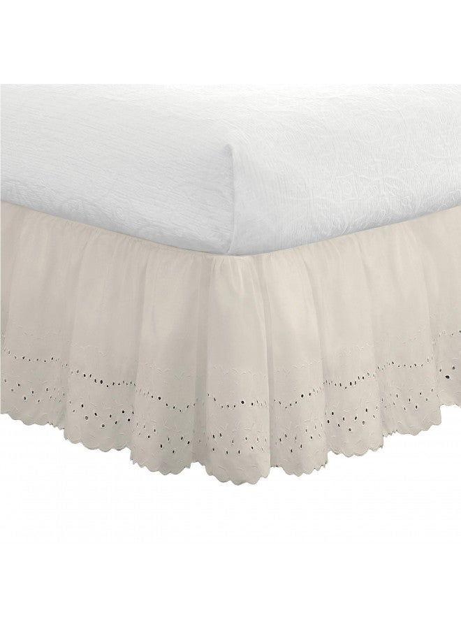FRESH IDEAS Eyelet Bed Skirt Dust Ruffle Embroidered Details, Classic 14 drop length Gathered Styling, King, Ivory (Model: FRE30014IVOR04)