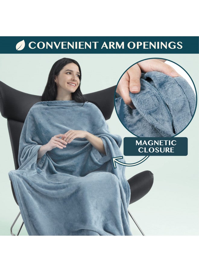PAVILIA Travel Blanket and Pillow, Arms Opening Airplane Blankets for Adults, Compact Plane Blanket with Arm Hole 2-in-1 Bag for Flight Car Camping Fit in Luggage Backpack Traveler Gift, Blue