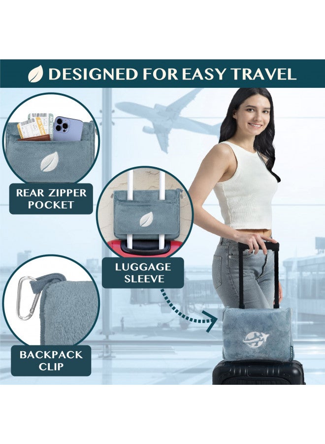 PAVILIA Travel Blanket and Pillow, Arms Opening Airplane Blankets for Adults, Compact Plane Blanket with Arm Hole 2-in-1 Bag for Flight Car Camping Fit in Luggage Backpack Traveler Gift, Blue