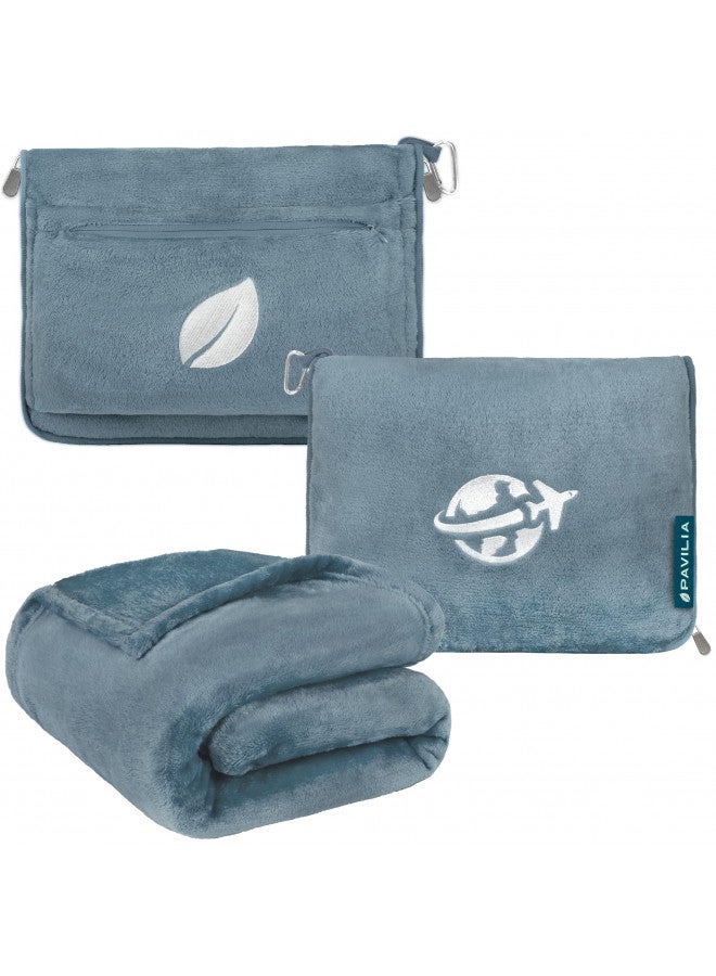 PAVILIA Travel Blanket and Pillow, Arms Opening Airplane Blankets for Adults, Compact Plane Blanket with Arm Hole 2-in-1 Bag for Flight Car Camping Fit in Luggage Backpack Traveler Gift, Blue