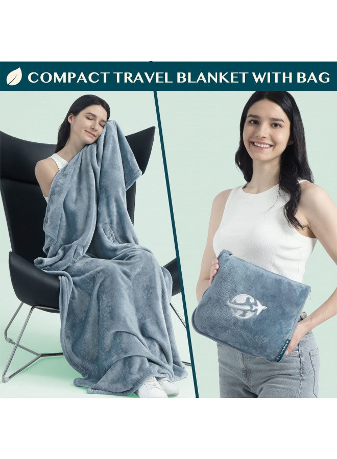 PAVILIA Travel Blanket and Pillow, Arms Opening Airplane Blankets for Adults, Compact Plane Blanket with Arm Hole 2-in-1 Bag for Flight Car Camping Fit in Luggage Backpack Traveler Gift, Blue