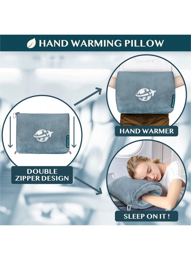 PAVILIA Travel Blanket and Pillow, Arms Opening Airplane Blankets for Adults, Compact Plane Blanket with Arm Hole 2-in-1 Bag for Flight Car Camping Fit in Luggage Backpack Traveler Gift, Blue