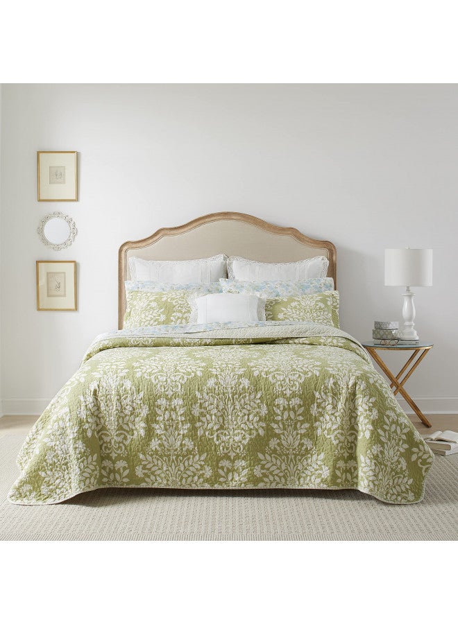 Laura Ashley - Rowland Collection - Quilt Set - 100% Cotton, Reversible, All Season Bedding with Matching Shams, Pre-Washed for Added Comfort, Full/Queen, Sage