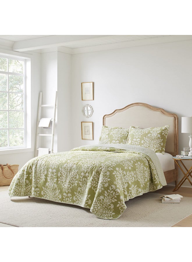 Laura Ashley - Rowland Collection - Quilt Set - 100% Cotton, Reversible, All Season Bedding with Matching Shams, Pre-Washed for Added Comfort, Full/Queen, Sage