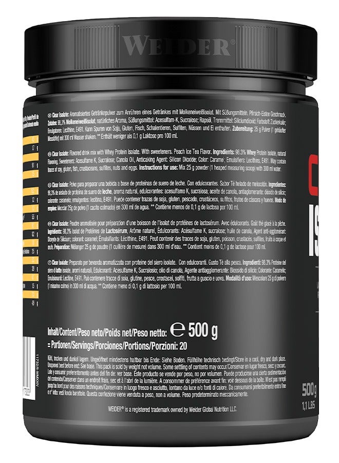 Clear Isolate 500g, Peach Ice Tea, Lactose Free - Zero Sugar And Fat - High Protein Refreshing Drink