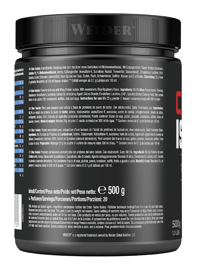 Clear Isolate 500g, Blue Raspberry, Lactose Free - Zero Sugar And Fat - High Protein Refreshing Drink