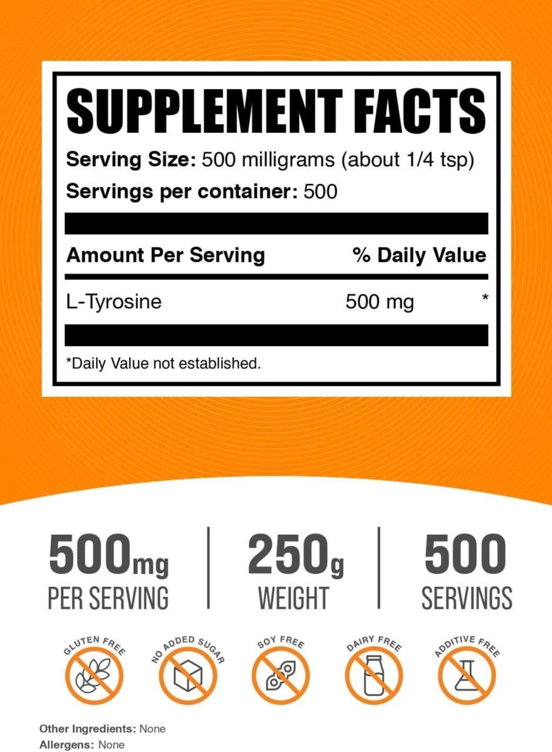 L-Tyrosine Powder -Tyrosine Supplement, Tyrosine Powder, Tyrosine 1000mg - Non-Essential Amino Acid Supplement, Gluten Free - 1000mg per Serving, 250g (8.8 oz)