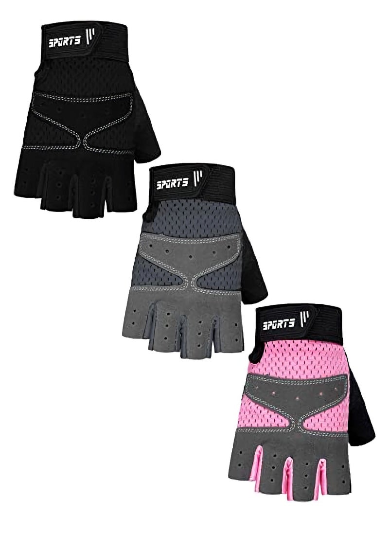 Kids Half Fingerless Gloves, Cycling Gloves Non-Slip Gel Adjustable Sports for kids Biking, Pink Grey Black 3 Pairs