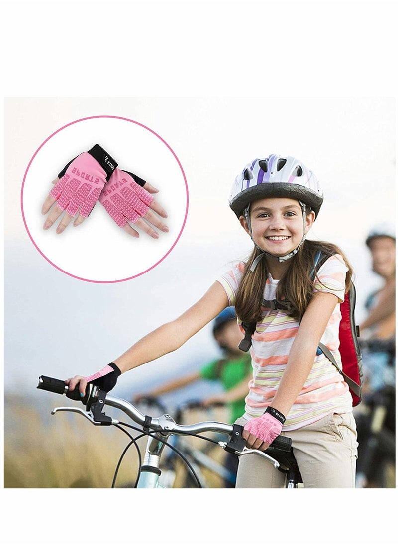 Kids Fingerless Cycling Gloves Children Half Finger Sport Breathable Non-Slip Shock-Absorbing Child Riding Bike for Girl Boy Fishing Roller Skating Hunting Climbing (Pink)