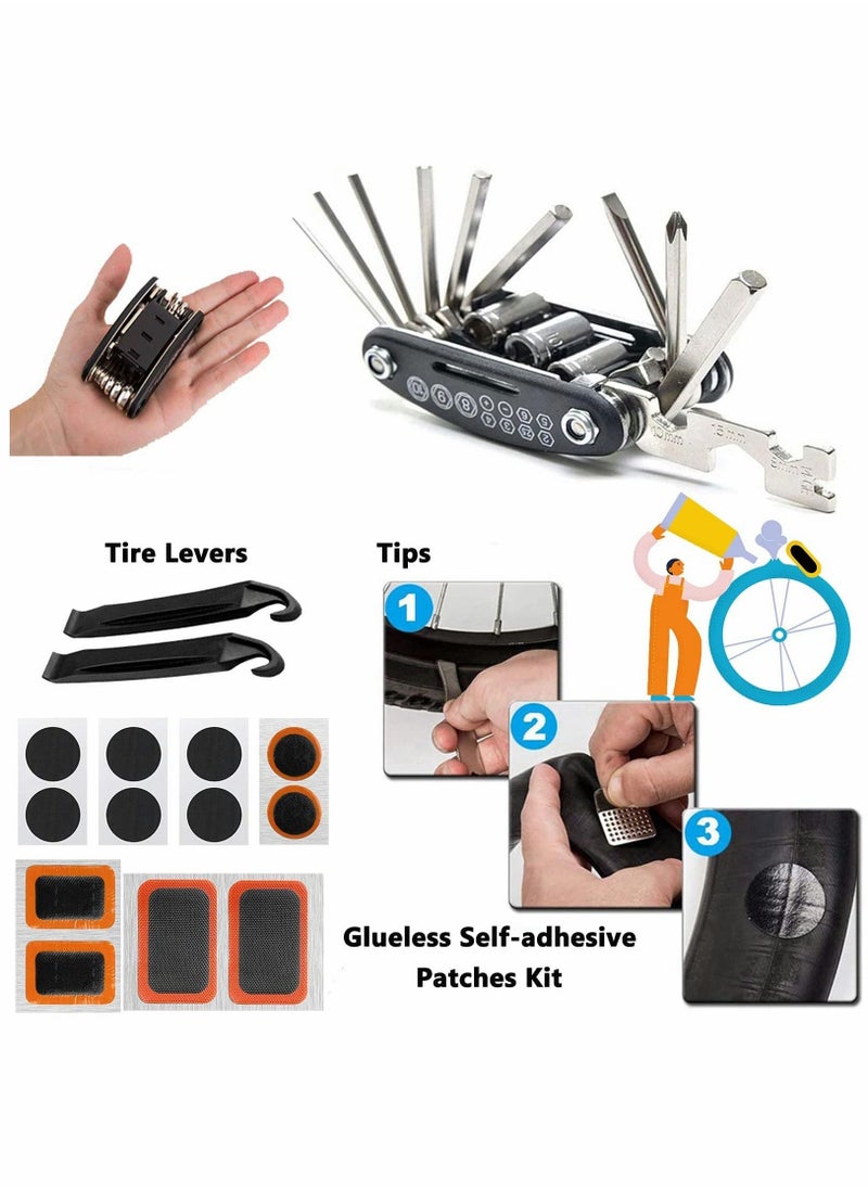 Bike Tool Kit Bike Puncture Repair Kit, 16 in 1 Bike Multifunction Tool Mountain Bike Accessories with Patch Kit and Tire Levers for Mountain Bike and Road Bike