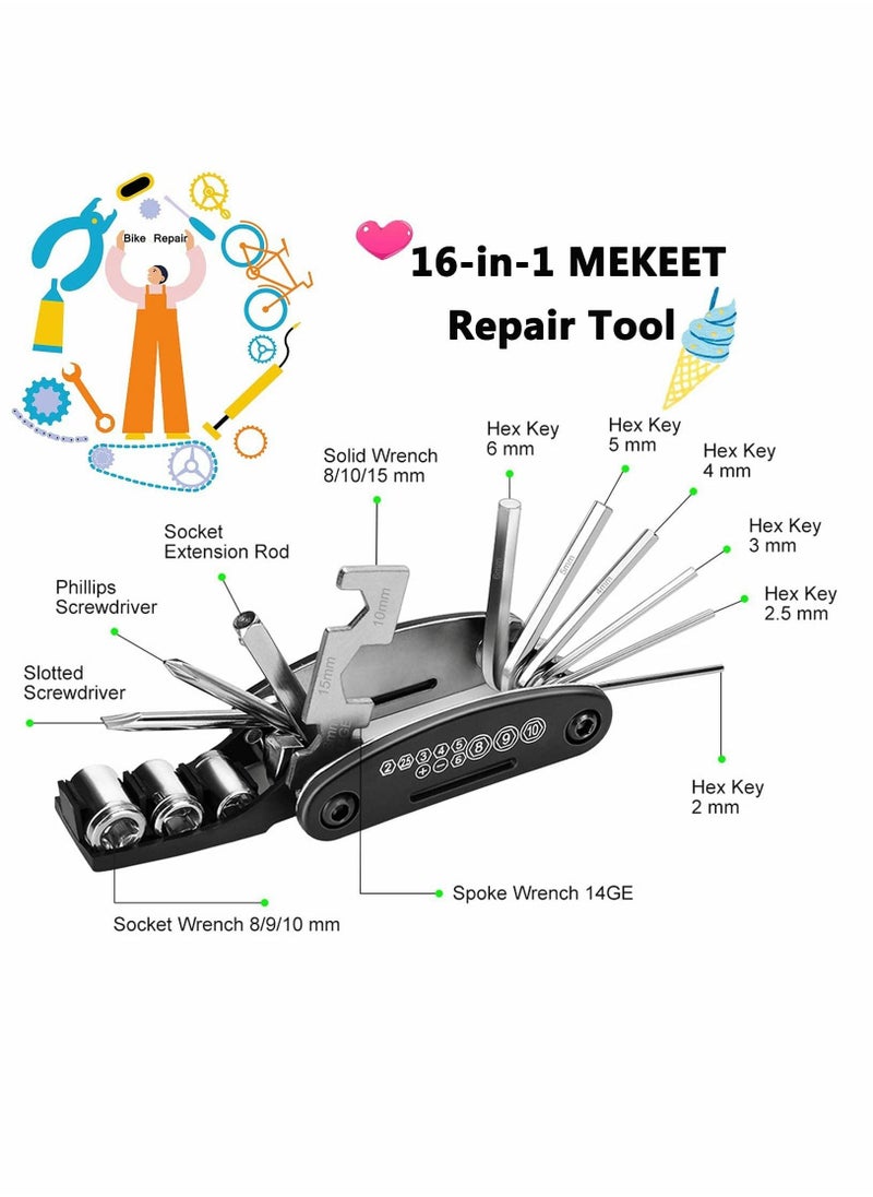 Bike Tool Kit Bike Puncture Repair Kit, 16 in 1 Bike Multifunction Tool Mountain Bike Accessories with Patch Kit and Tire Levers for Mountain Bike and Road Bike