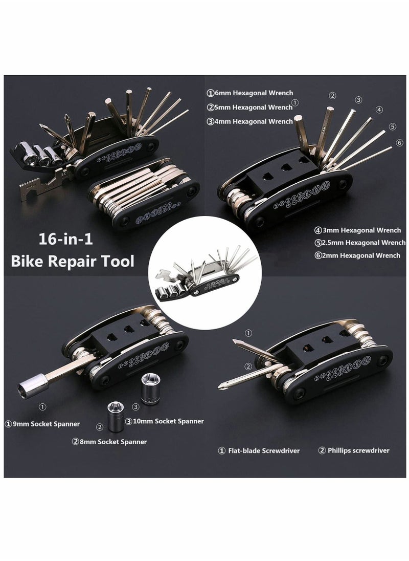 Bike Tool Kit Bike Puncture Repair Kit, 16 in 1 Bike Multifunction Tool Mountain Bike Accessories with Patch Kit and Tire Levers for Mountain Bike and Road Bike